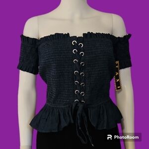 VTG TAXI Chambray Lace-up Smock Corset Off Shoulder Ruffle Festival Top